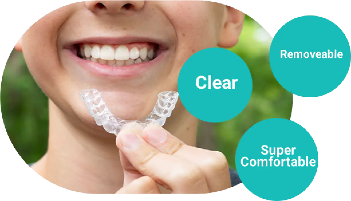 Smiling child holding a clear aligner, with text: Clear, Removable, Super Comfortable.