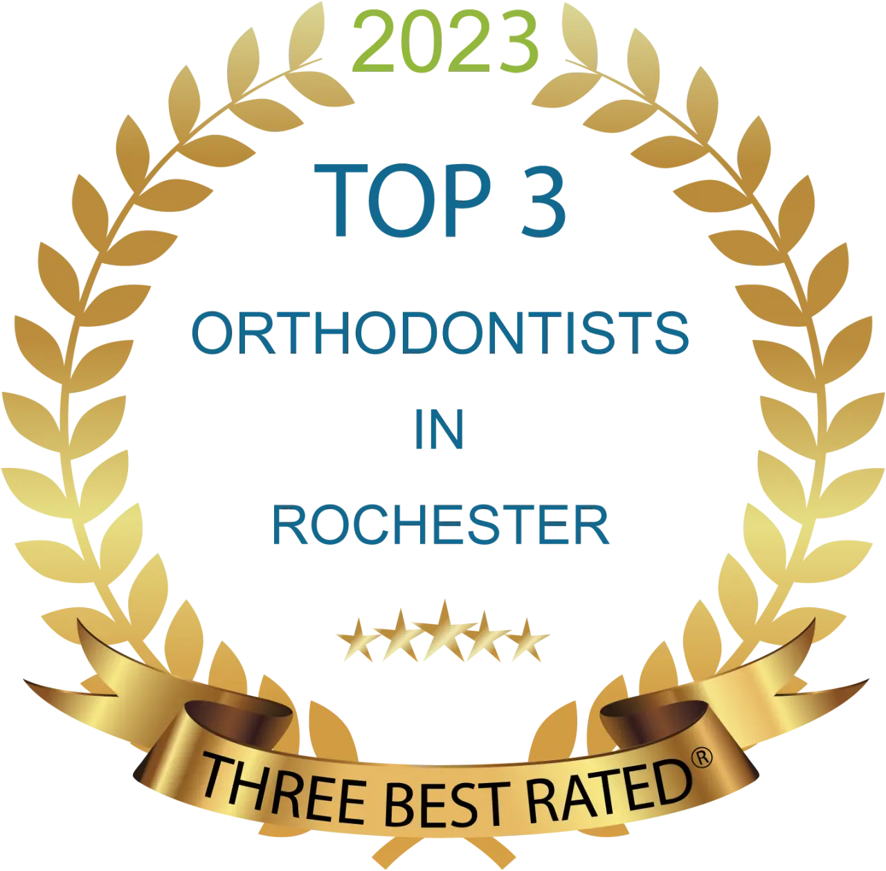 2023 Top 3 Orthodontists in Rochester NY award badge with gold laurel and stars.