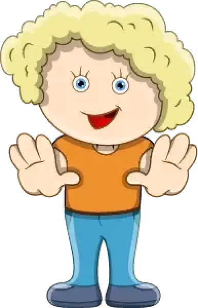 Cartoon child with curly blonde hair, orange shirt, blue pants, smiling and raising both hands.