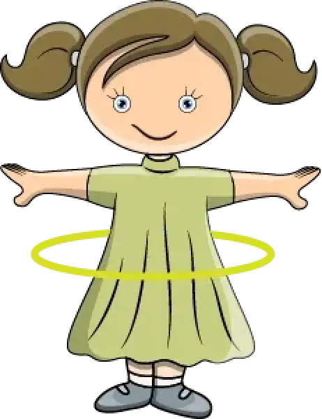 Cartoon girl with pigtails hula-hooping with a yellow hoop, arms stretched wide.