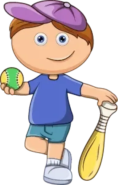 Cartoon boy in a cap holding a baseball and bat, smiling and dressed in shorts and a t-shirt.