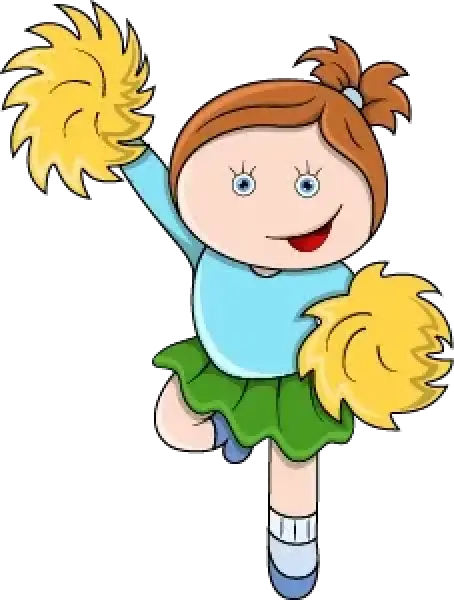 Cartoon cheerleader with brown hair, green skirt, and yellow pom-poms jumping and smiling.