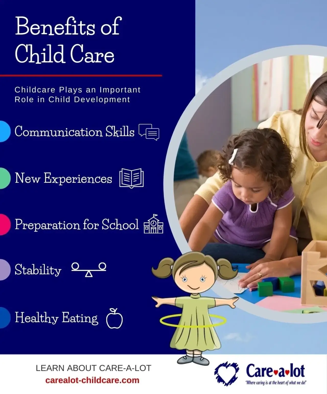 A teacher helps a young girl with toys; child care benefits are listed beside them.