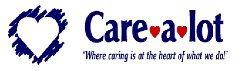 Blue heart logo and text: Care-a-lot with red hearts, and slogan below in quotation marks.