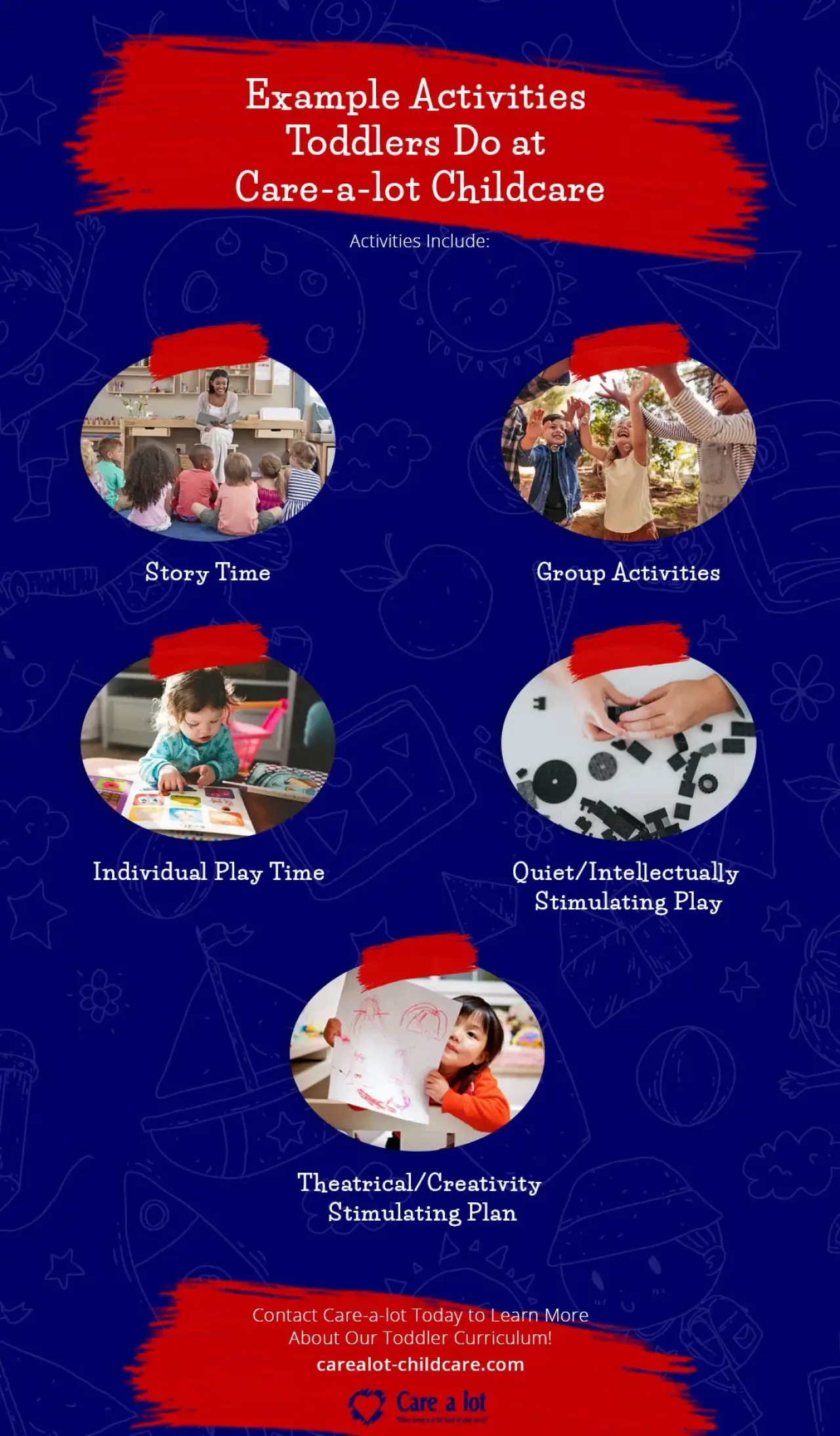 Infographic showing toddler activities at Care-a-lot Childcare, such as story time and group play.