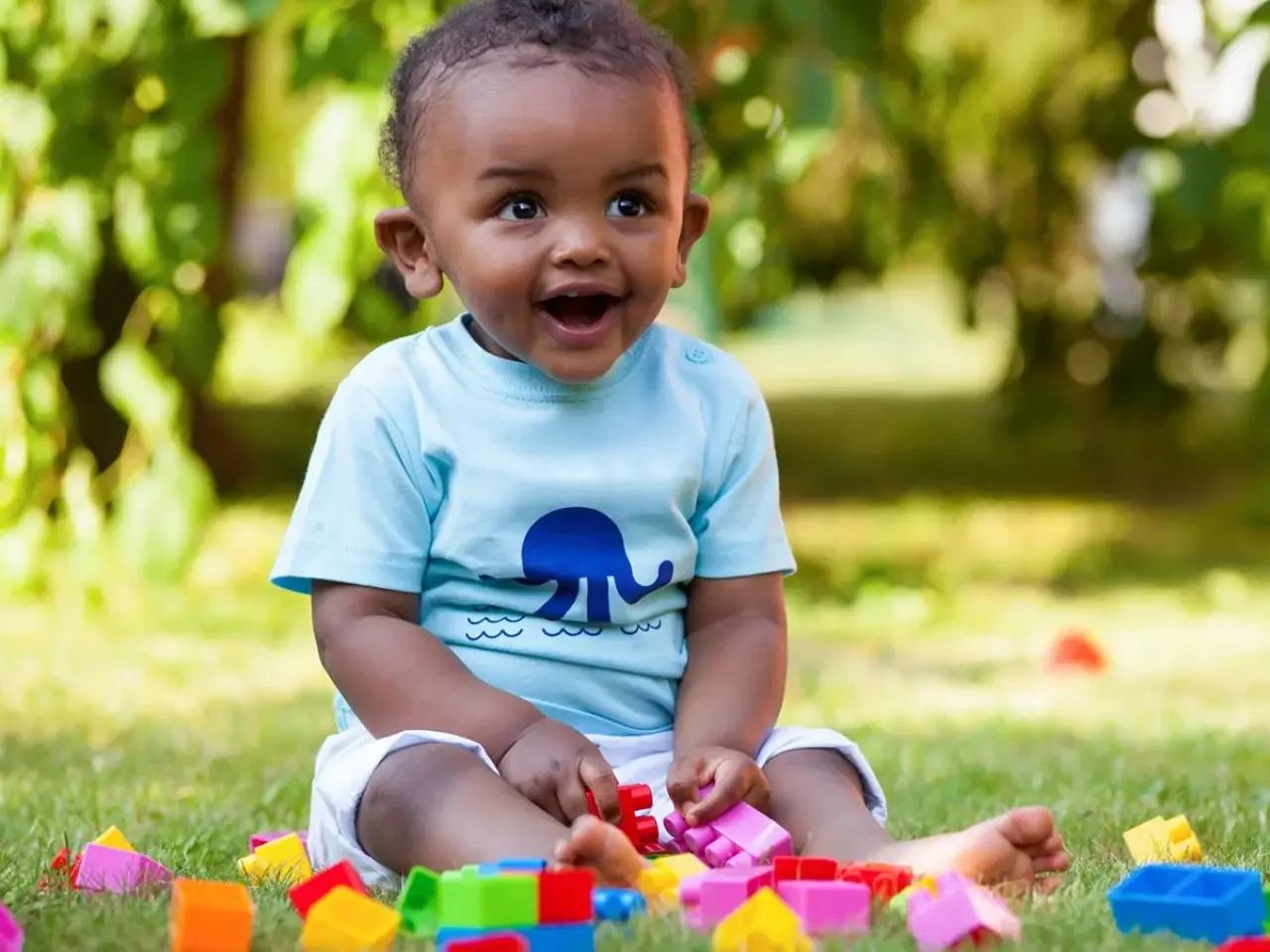 A smiling toddler in a blue shirt plays with colorful blocks on grass outdoors.