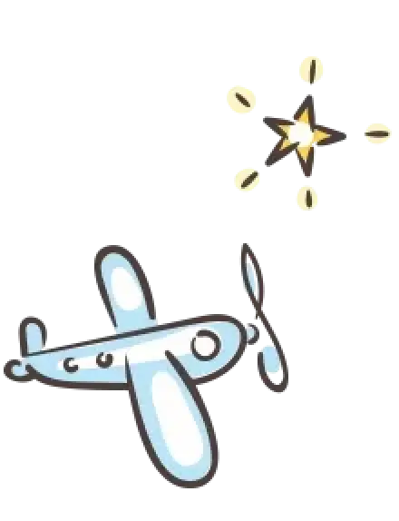 Cartoon drawing of an airplane and a star.
