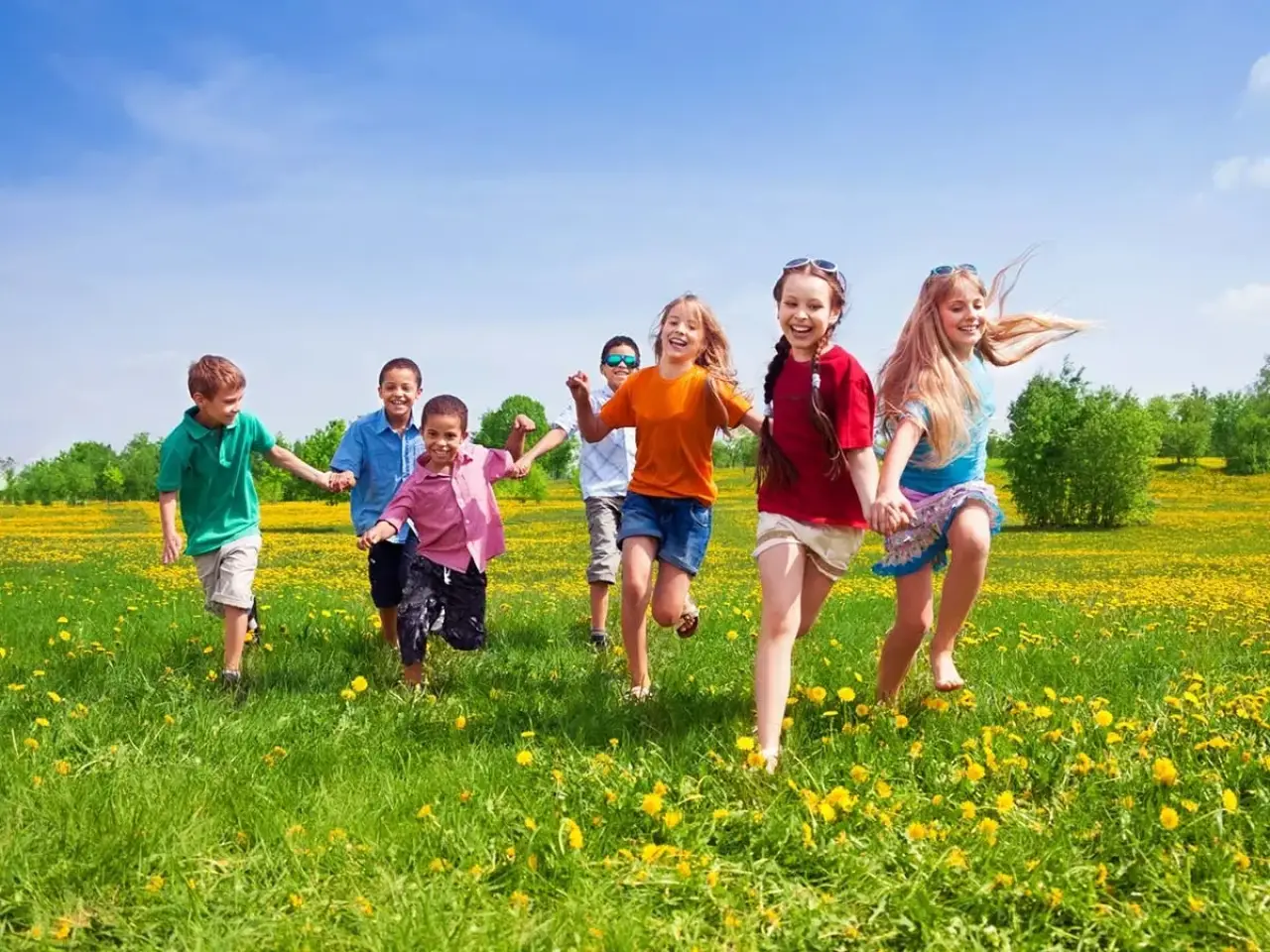 Seven children run and hold hands in a sunny, flower-filled green field under a blue sky.