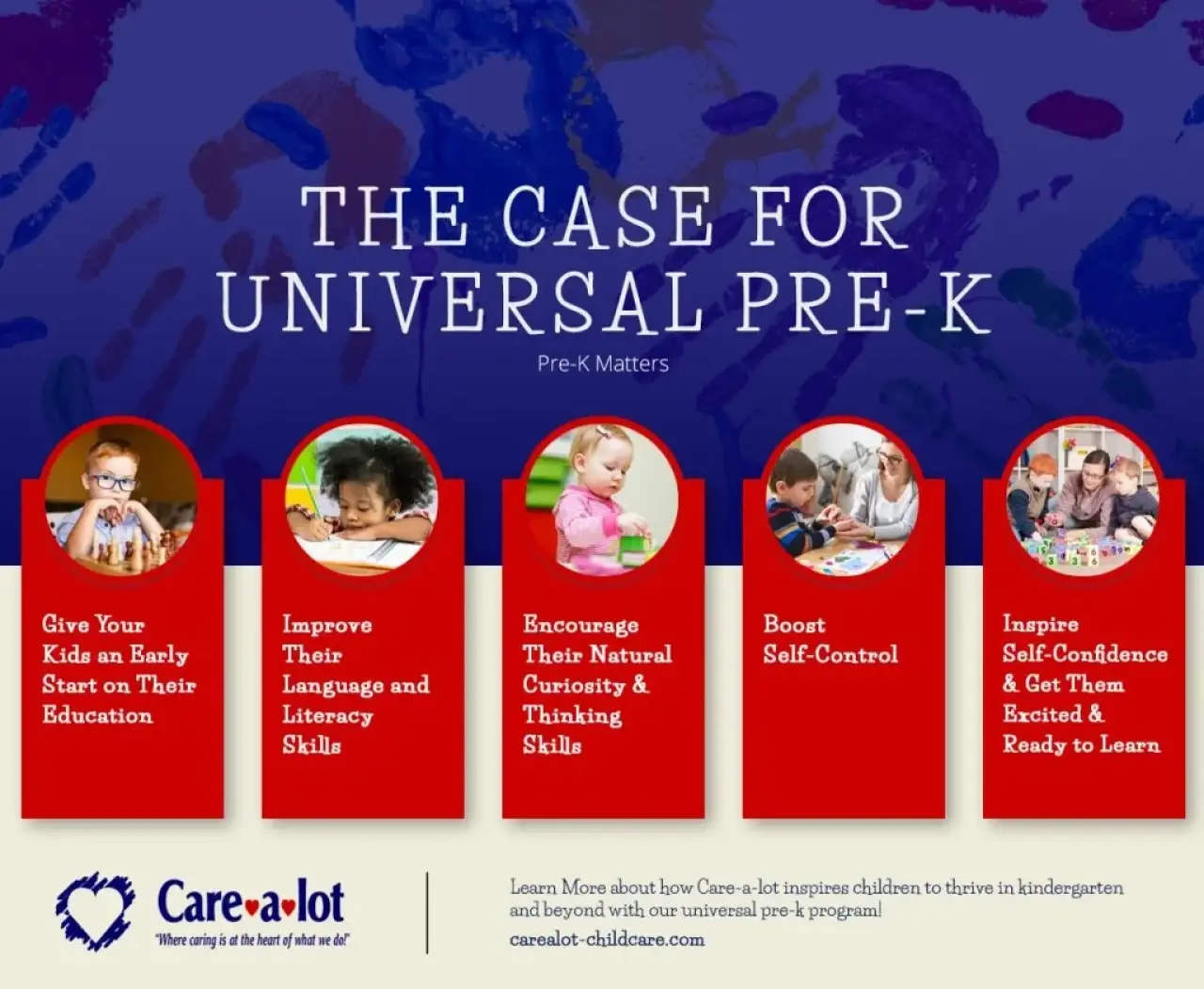 Infographic about the benefits of universal pre-K, with five photos of young children learning.