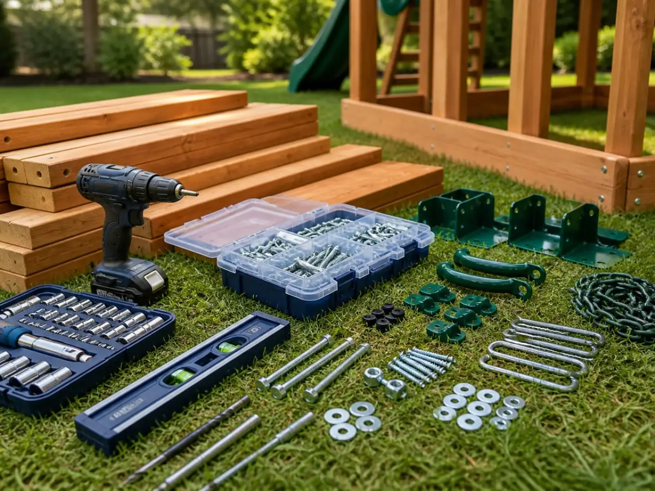 Organized tools and hardware for playset and swing set installation