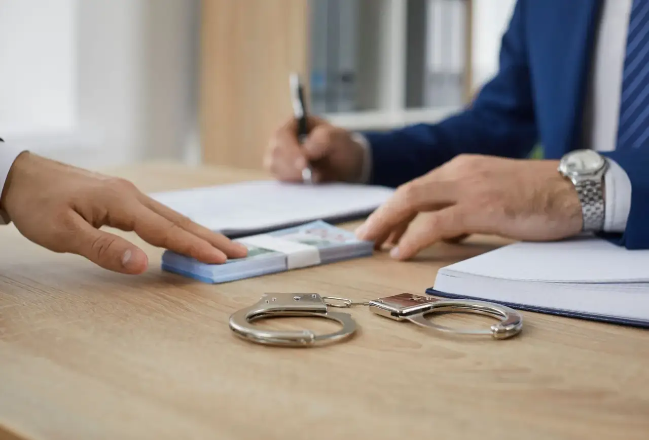 Handcuffs on a desk as a person signs paperwork with a pen during a legal meeting