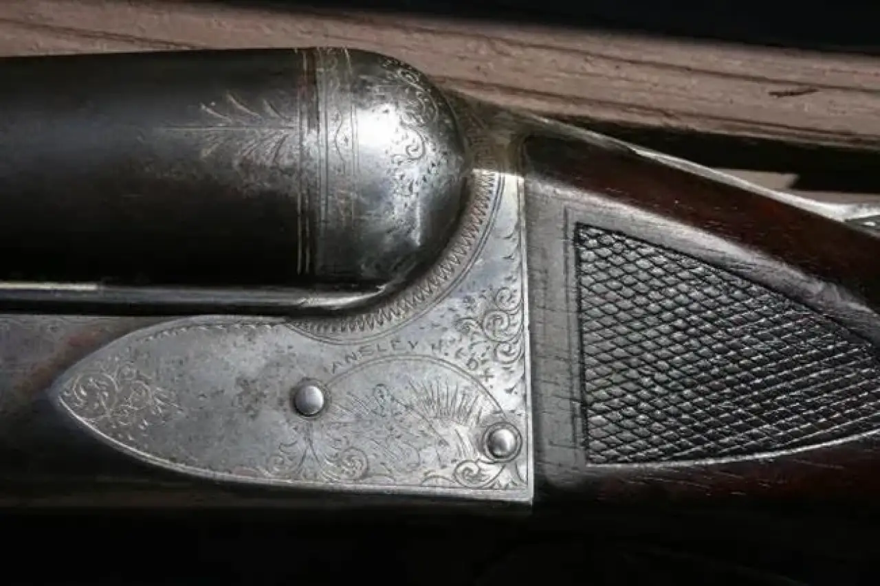 Close-up of an engraved double-barrel shotgun with wooden grip detail.