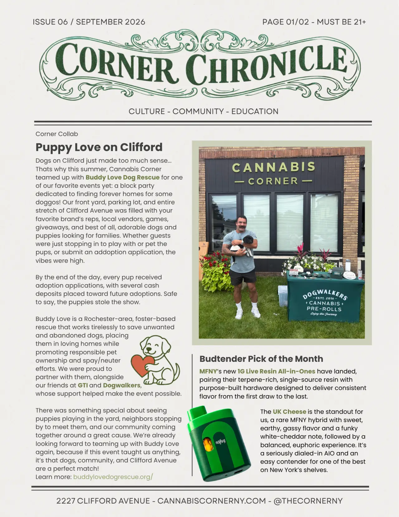 Corner Chronicle Issue 6 featuring Puppy Love on Clifford and a budtender pick.