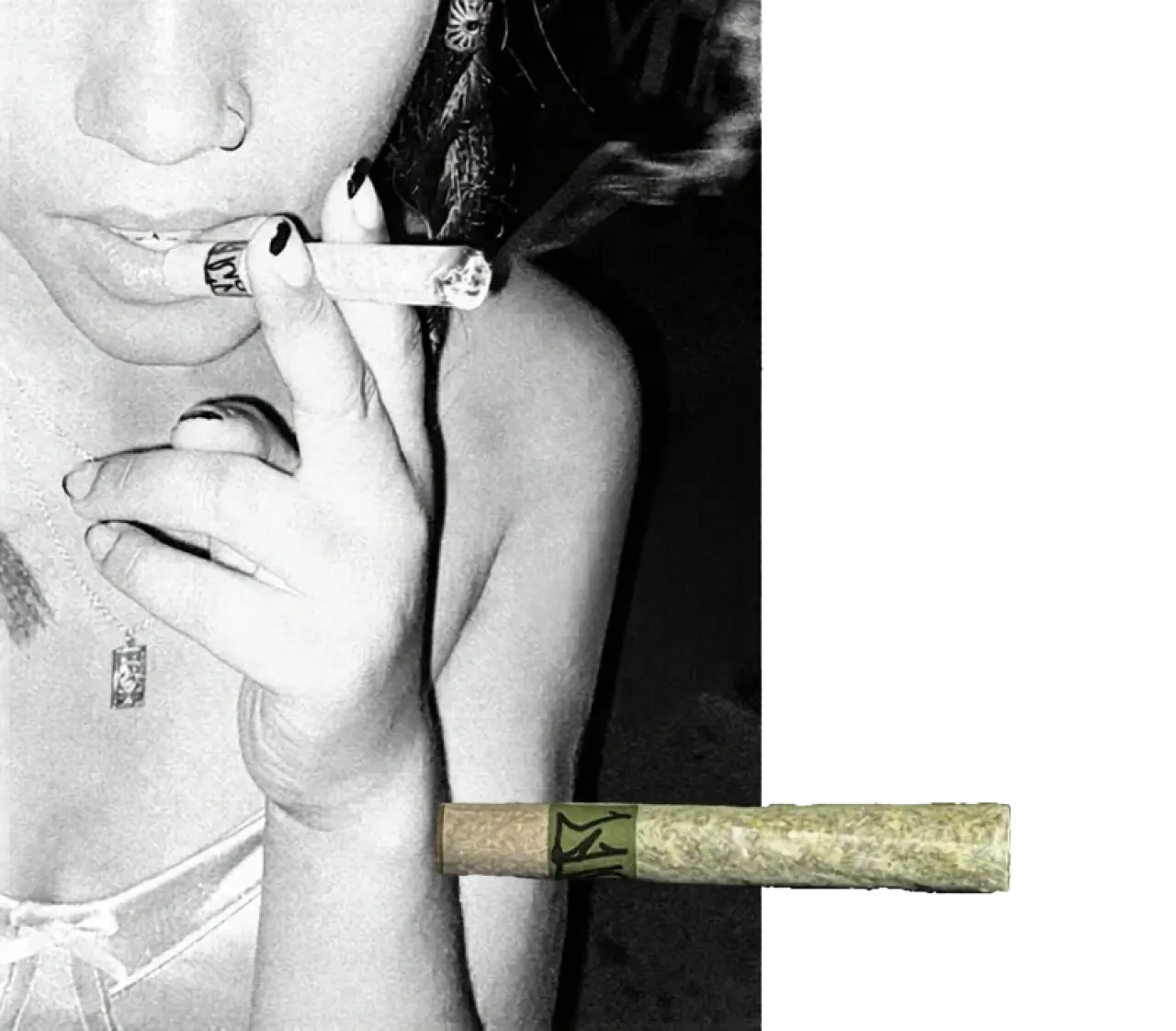Black-and-white photo of a woman smoking, holding a joint with a bold M logo near her lips.