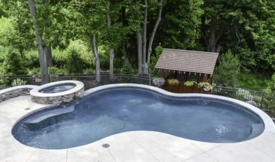 Curved swimming pool with attached hot tub and a wooden swing, surrounded by trees and greenery.