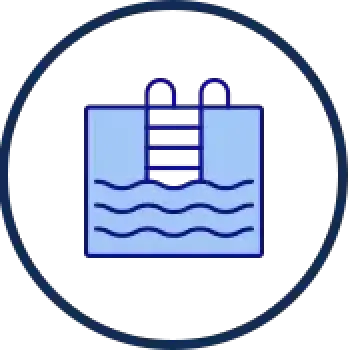 Icon of a swimming pool with a ladder and water waves, enclosed in a dark blue circle.