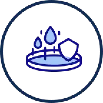 Icon of water droplets above a shallow dish, all enclosed in a dark blue circle.