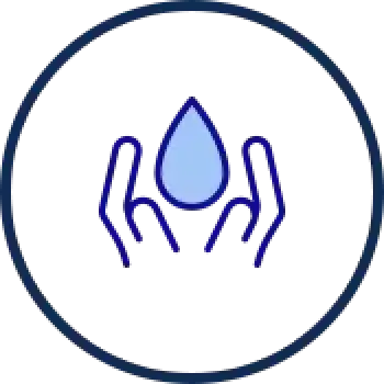 Two hands holding a blue water droplet, enclosed in a dark blue circle on a white background.