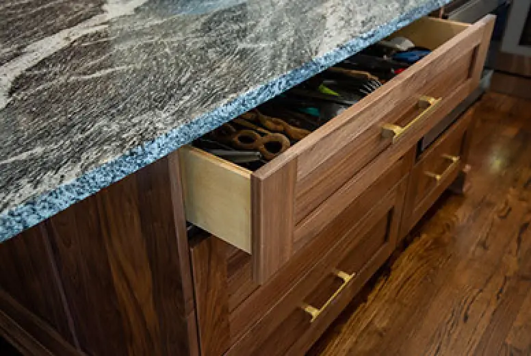 medium brown sliding kitchen drawer