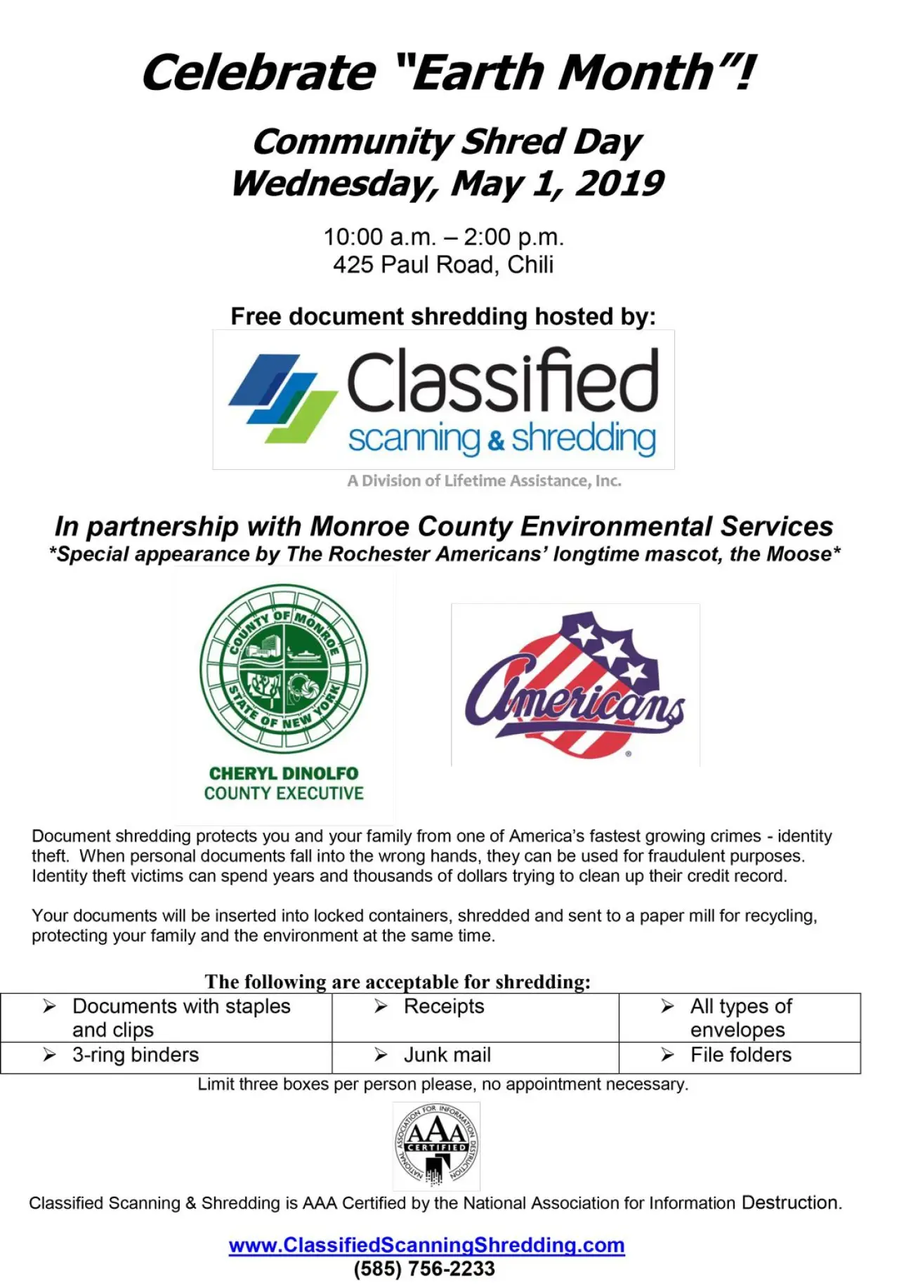 Free Community Shred Day on Wednesday, May 1, 2019