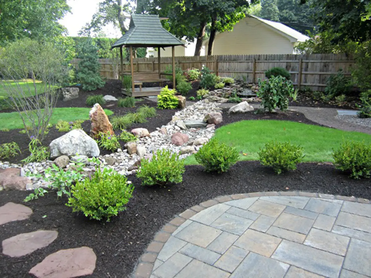 landscaping with stone patio stone work gazebo mulch and stone path