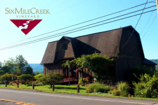 The Six Mile Creek Vineyard barn tasting room seen from the road