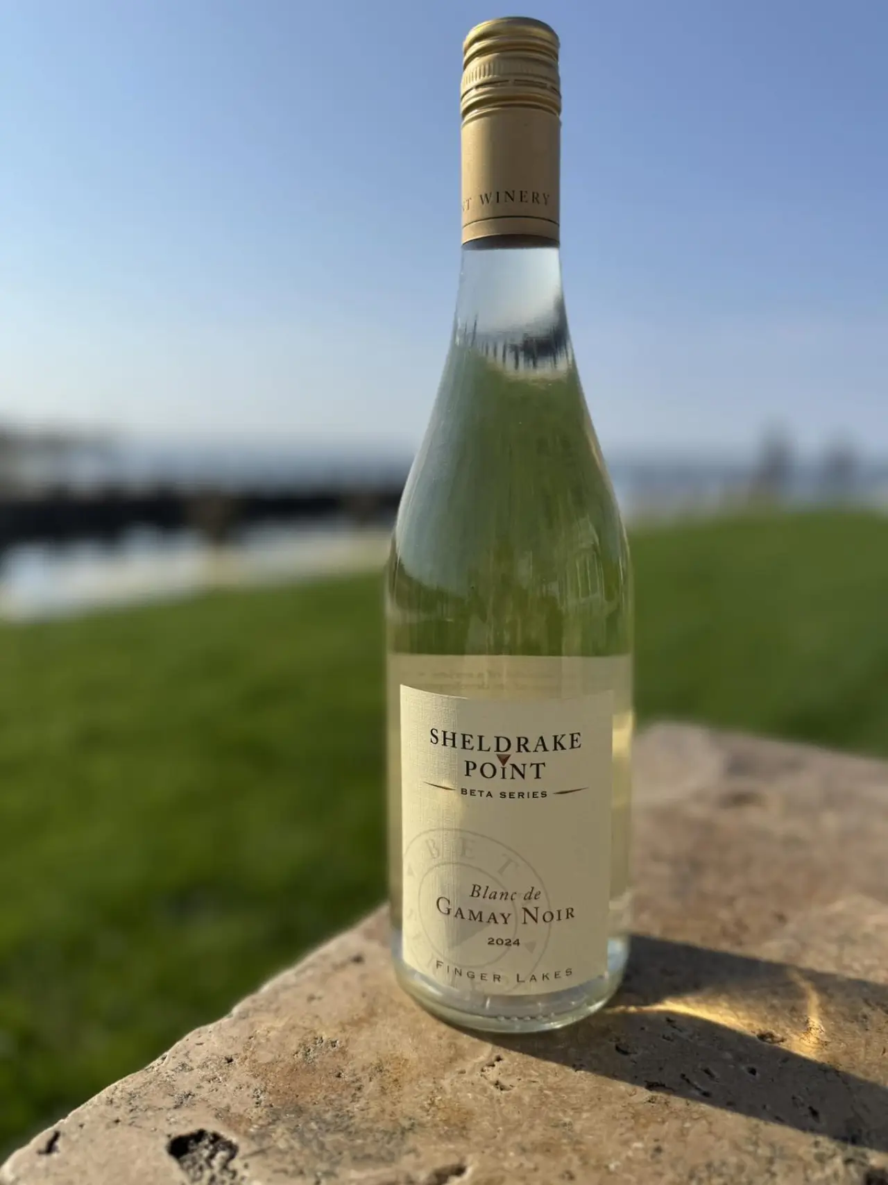 A bottle of Sheldrake Point Gamay Noir on a stone wall above the lake