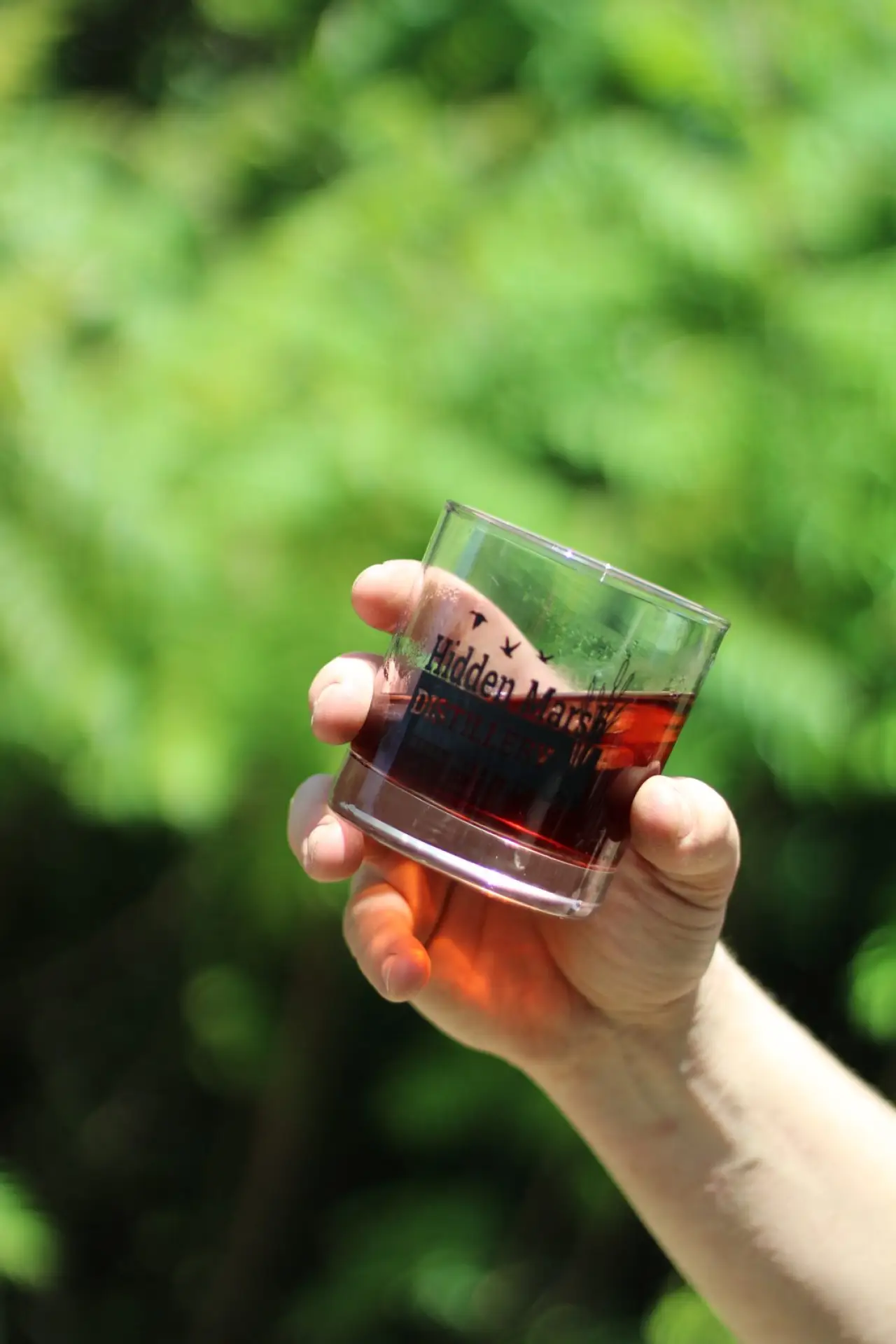 A hand holding a glass of red wine outdoors against green foliage