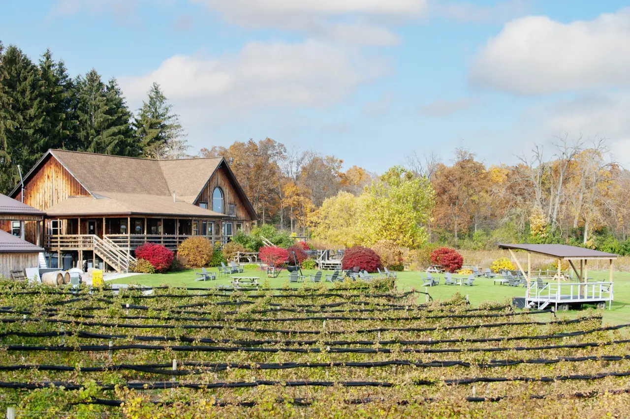 The timber-framed tasting room surrounded by fall color and vineyard rows