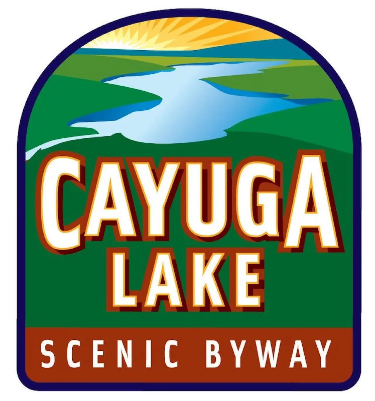 Logo showing a river, sunrise, and the words Cayuga Lake Scenic Byway in bold letters.