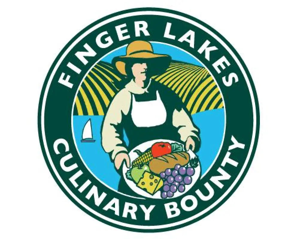 Logo with a woman holding food, sailboat, and fields, text reads Finger Lakes Culinary Bounty.