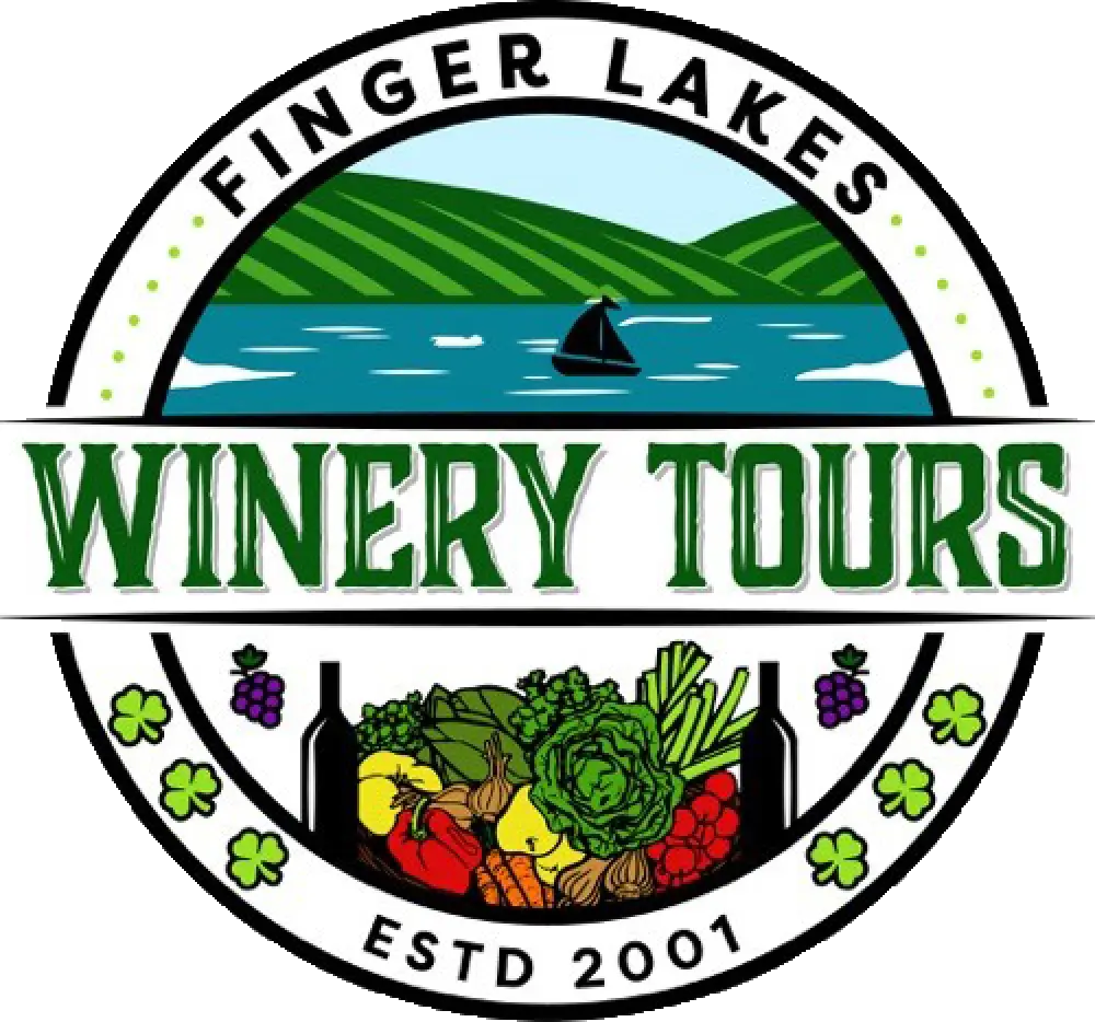 Logo for Finger Lakes Winery Tours with lake, hills, produce, wine bottles, and ESTD 2001 text.