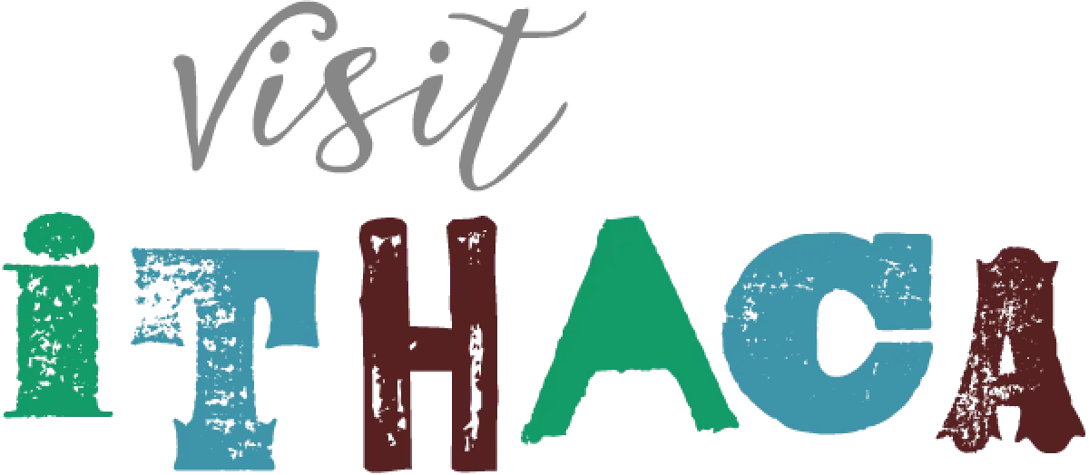 Text says visit ithaca in colorful, playful fonts on a white background.
