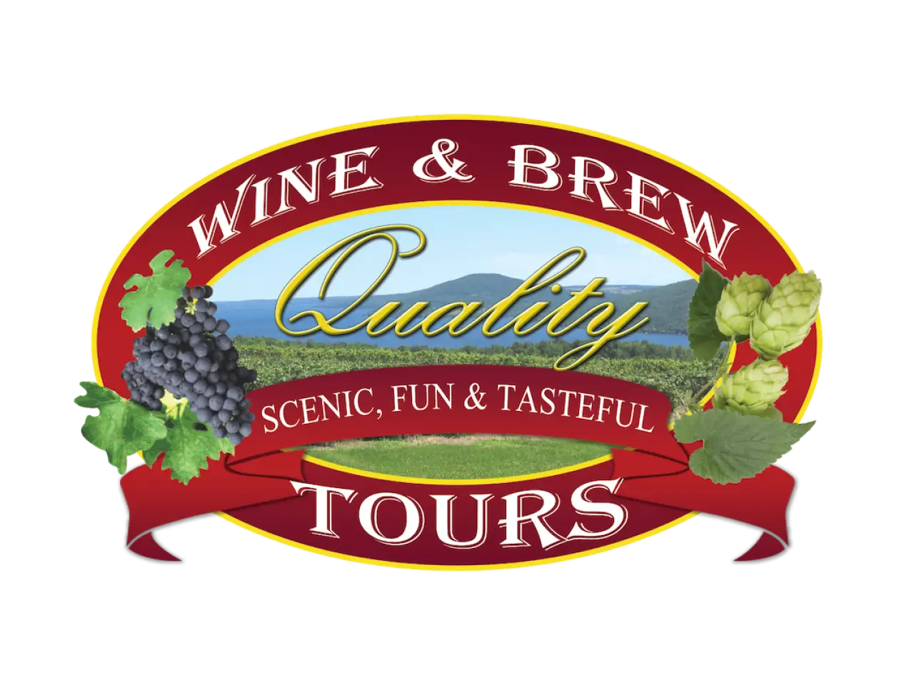 Logo for Wine Brew Quality Tours with grapes, hops, and scenic hills in the background.