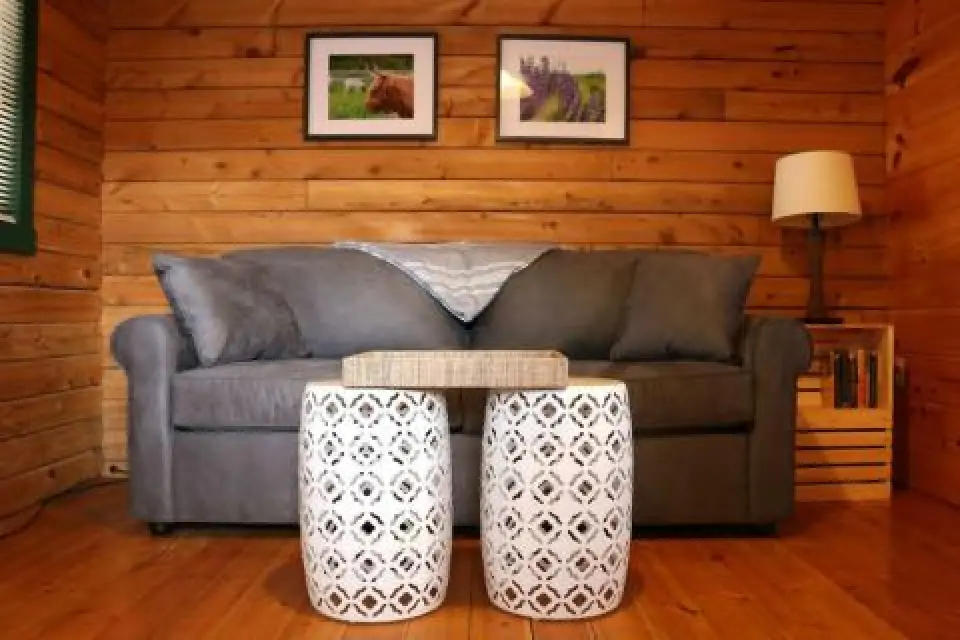 A gray sofa with two white patterned stools in front, set against a wooden wall with art.