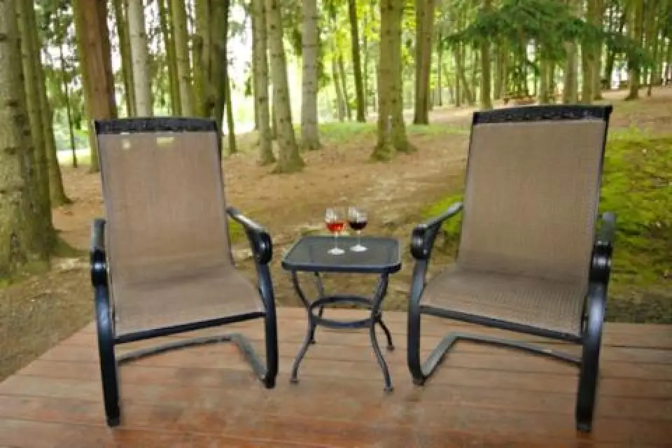 Two outdoor chairs and a small table with two glasses of wine on a wooden deck in the woods.