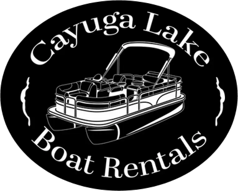 Logo with a pontoon boat and the text Cayuga Lake Boat Rentals on a black oval background.