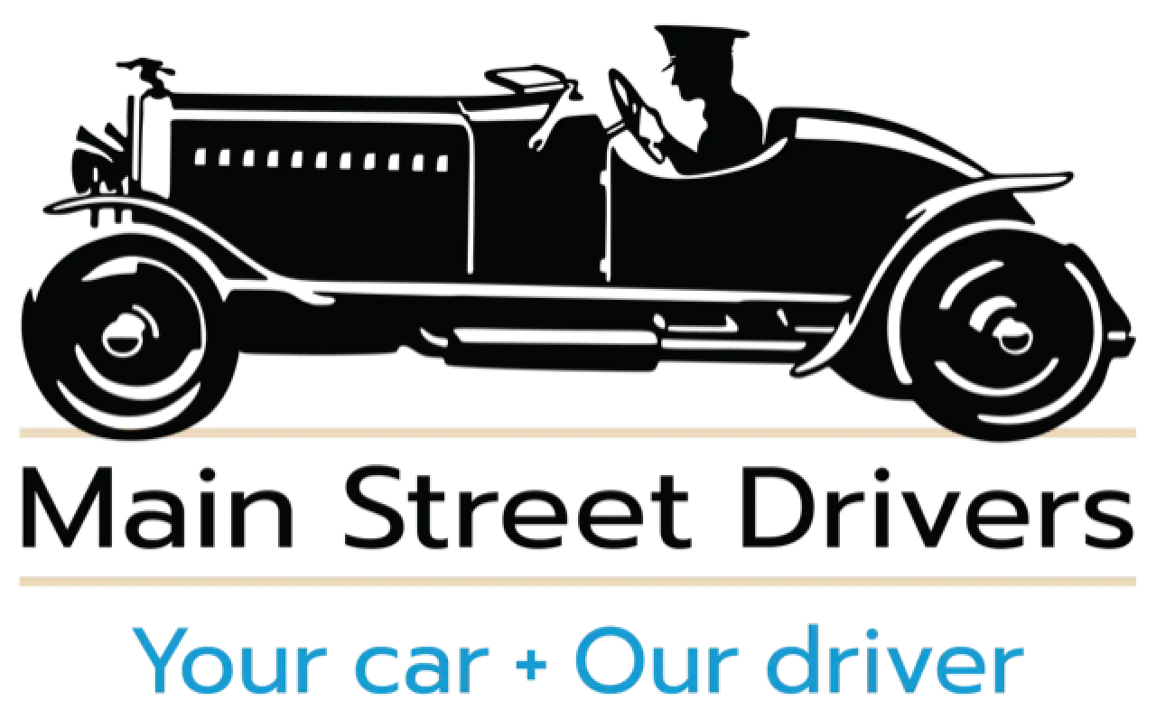 Silhouette of a vintage car with a driver, and text reading Main Street Drivers.