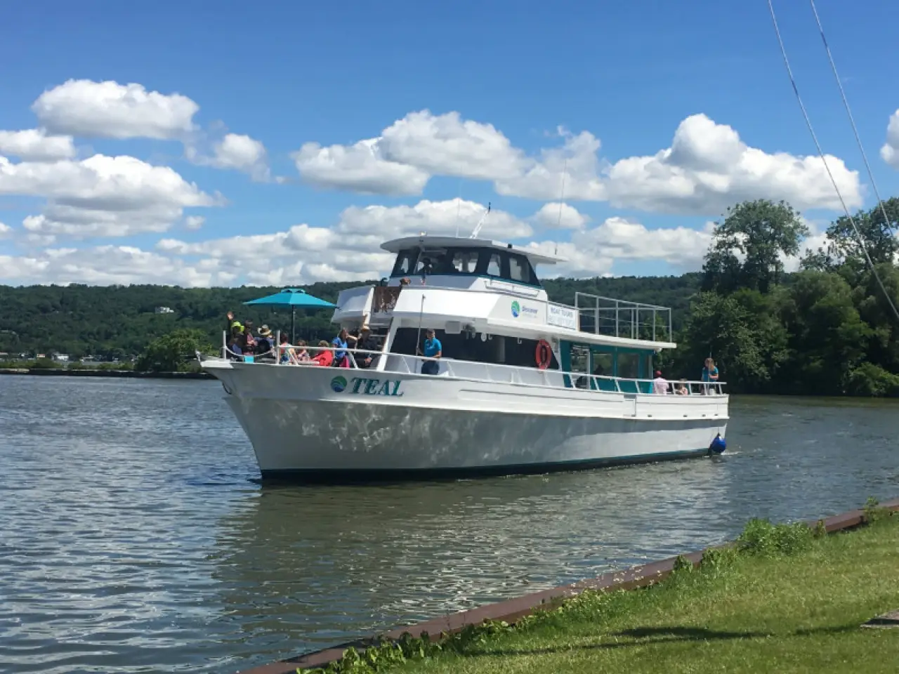 A white tour boat named TEAL cruises on a river under a partly cloudy blue sky.