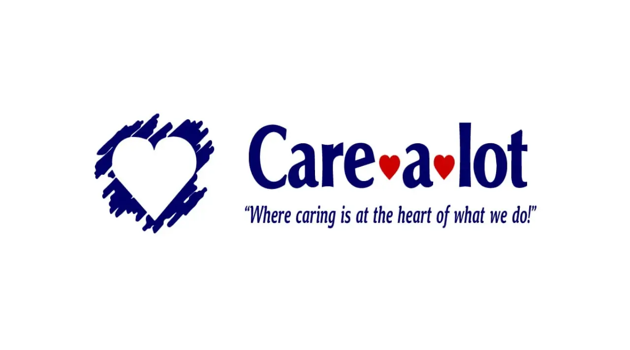 Blue “Care-a-lot” logo with red hearts, a sketched heart icon, and caring slogan underneath.