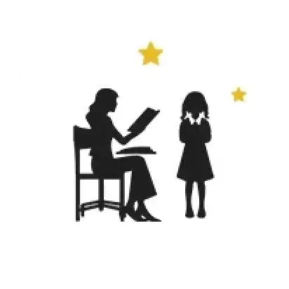 Icon of a teacher and a student with two stars in a white circle with gray border.