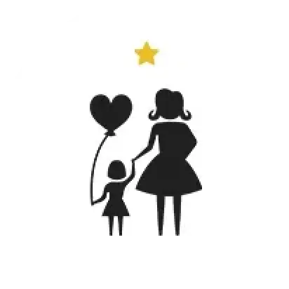 An icon of a woman and a child holding hands, and the child holding a balloon in the other hand with a star above their heads.