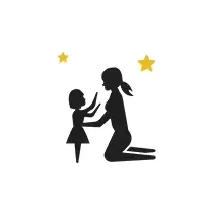 Icon of a mother and child with two stars in a white circle with gray border.