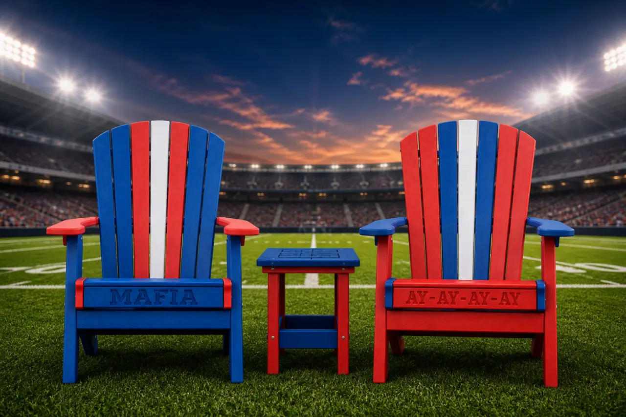Big Game Bundle — two red white and blue Adirondack chairs with matching side table