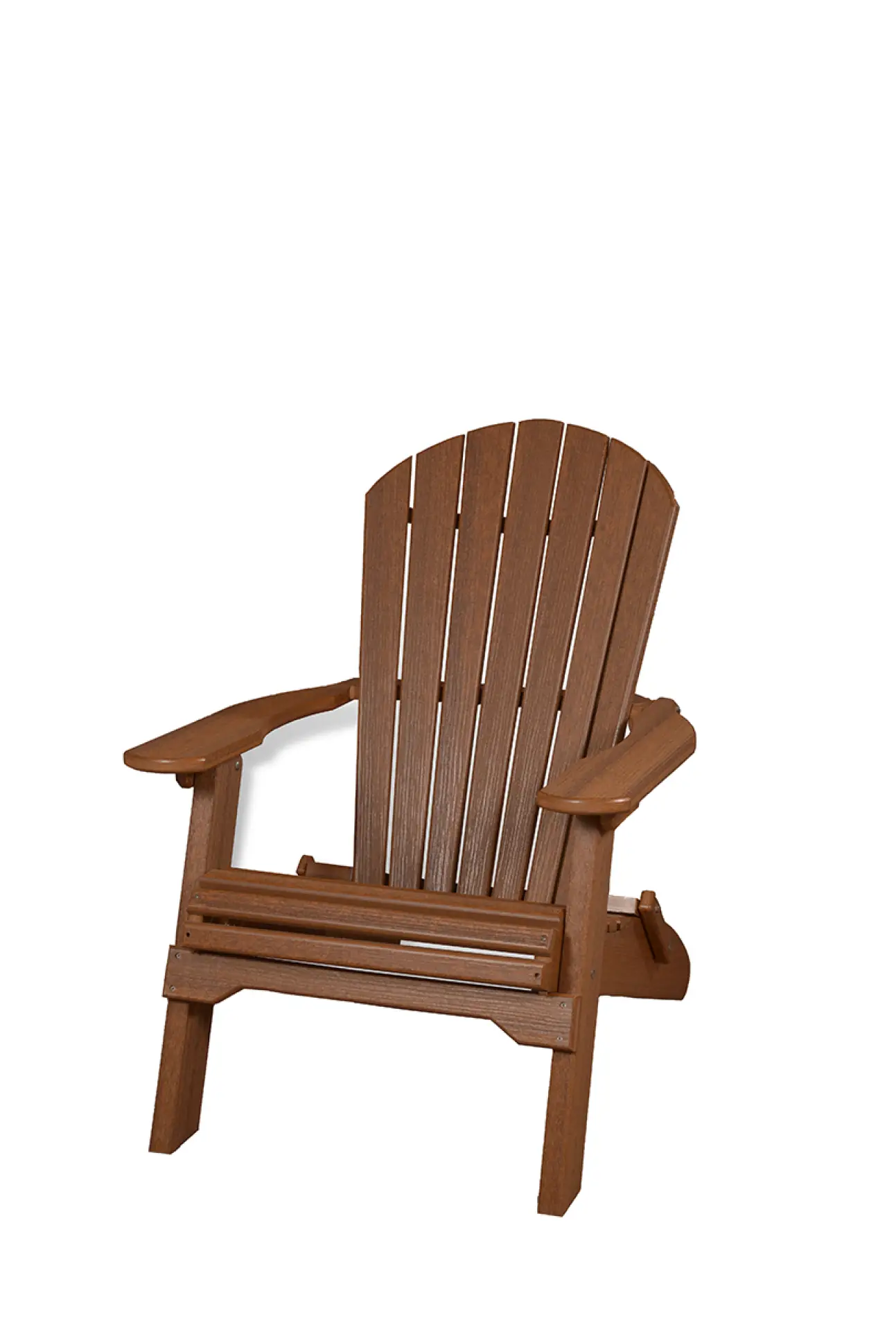 Brown wooden Adirondack chair with wide armrests, angled seat, and slatted back, on white background.