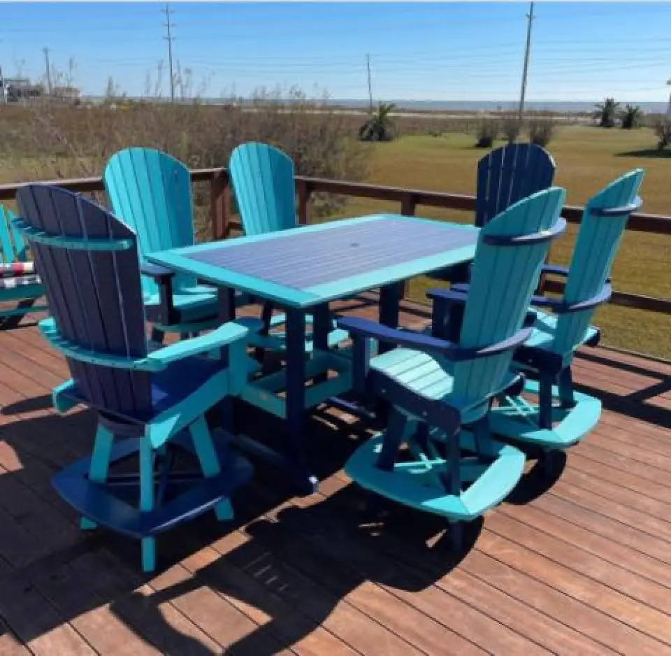 blue adirondack chairs and square table