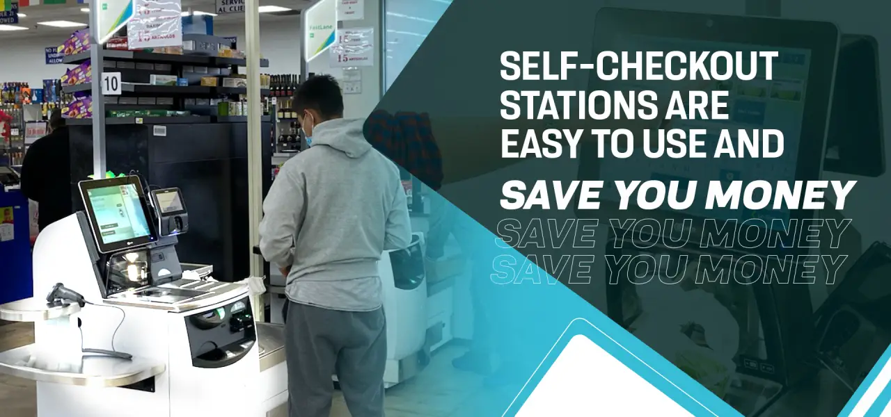man at self checkout system