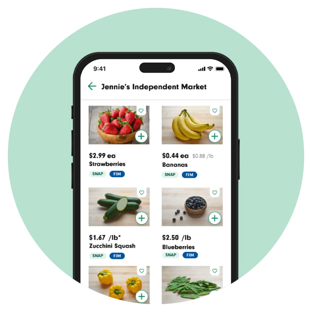 phone shopping app for jennie's independent market with listings of fruit