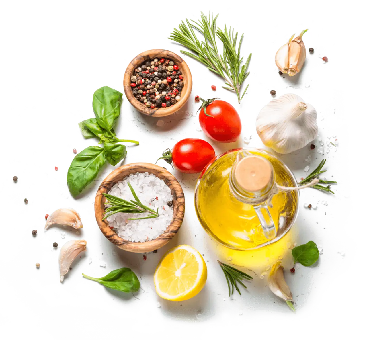 variety of ingredients including pepper oil salt garlic basil tomatoes