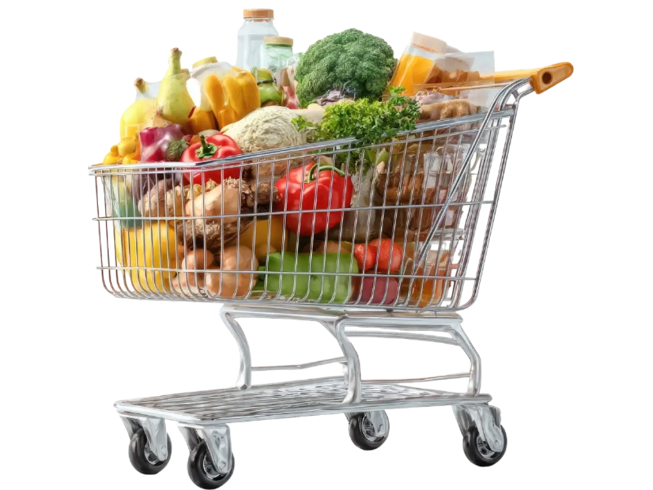 Shopping cart with assorted groceries: fruits, vegetables, and packaged foods.